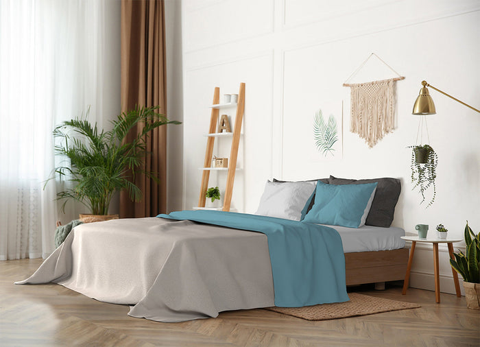 Set Lenzuola 1 Piazza e Mezzo Sopra Sotto e Federe Doubleface Ottanio/Grigio Chiaro