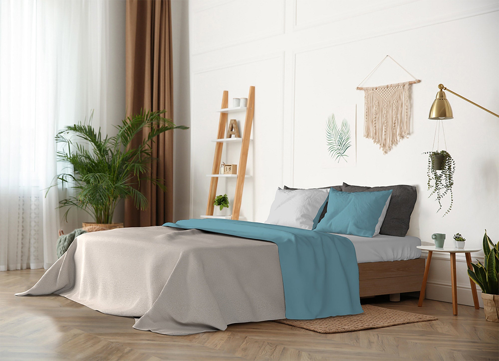 Set Lenzuola Singolo Sopra Sotto e Federe Doubleface Ottanio/Grigio Chiaro