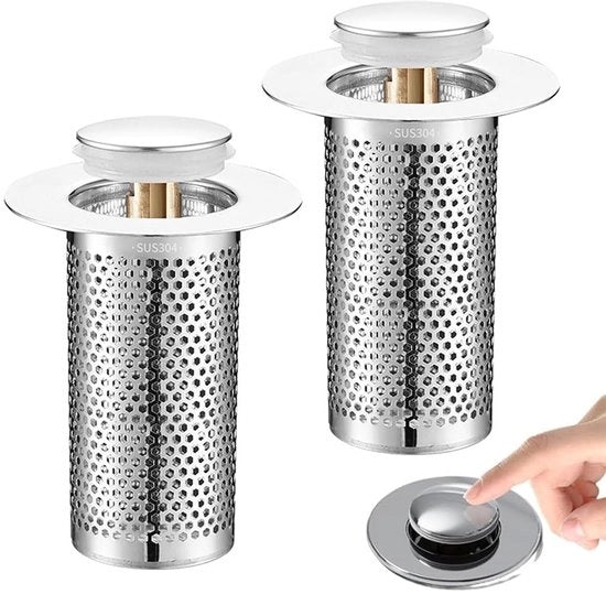 Stopper per wc senza chiave 2 pezzi - Acciaio inossidabile - Cuscinetto di scarico - Pop-up - Universale - Progetto duraturo con filtro - Stop per scarico