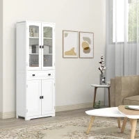 Credenza da Cucina Alta con 2 Armadietti e Cassetto, Ante a Vetri e Ripiani Regolabili, 60x30x160cm, Bianco