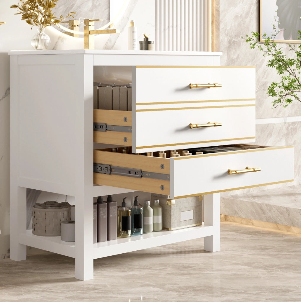Mobile bagno con lavabo in ceramica 76 cm; bianco e oro; in MDF con 2 cassetti e vano aperto