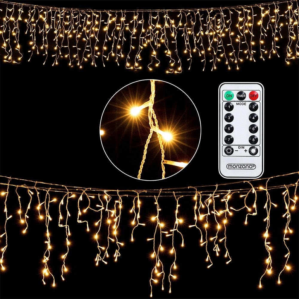 Deuba Luci Natale Balcone Esterno Interno 600 LED Bianco Caldo Telecomando 8 Modalità Timer Dimmerabile Lucine Natalizie a Cascata