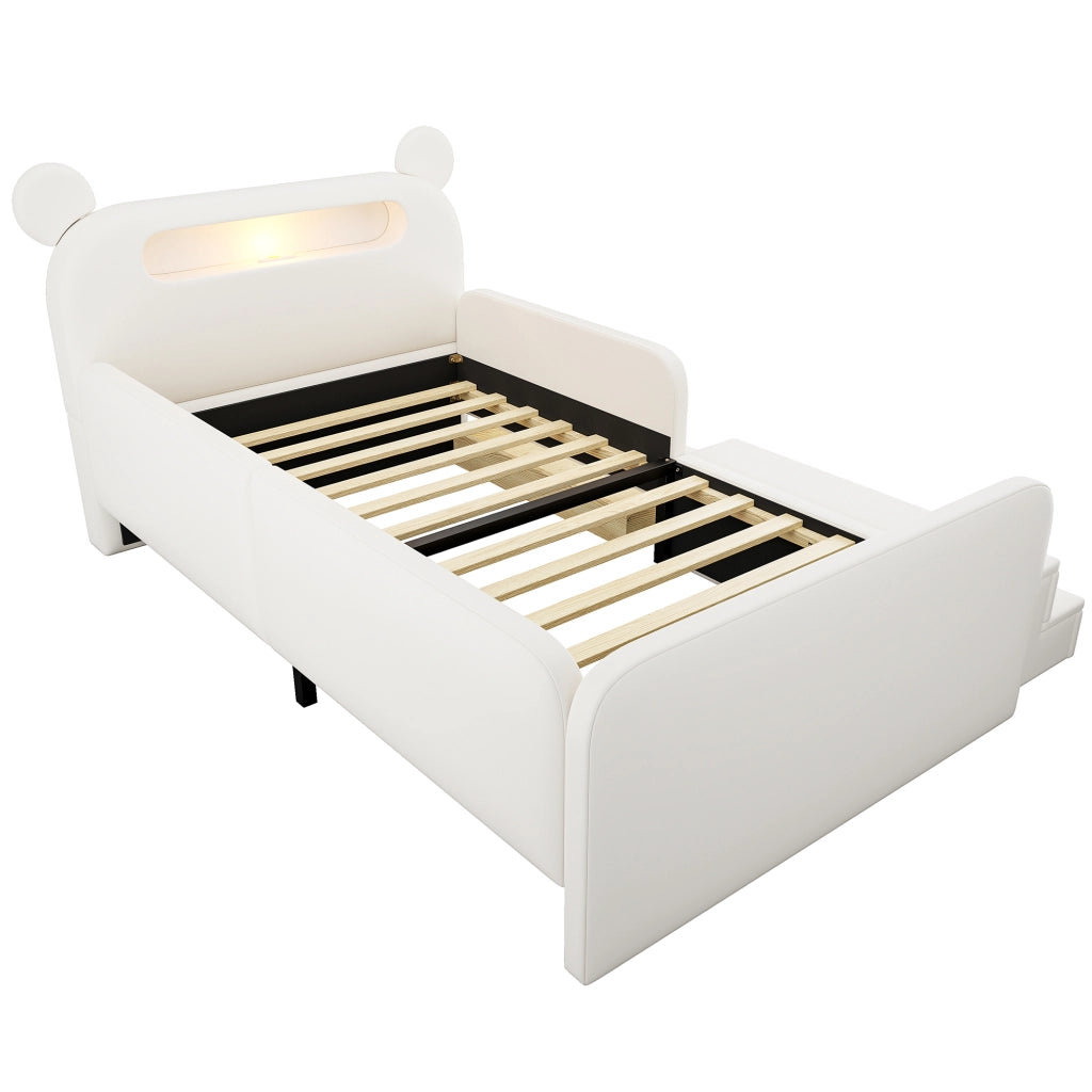 Letto imbottito per bambini con testiera a orso e USB, 90x200 cm, bianco