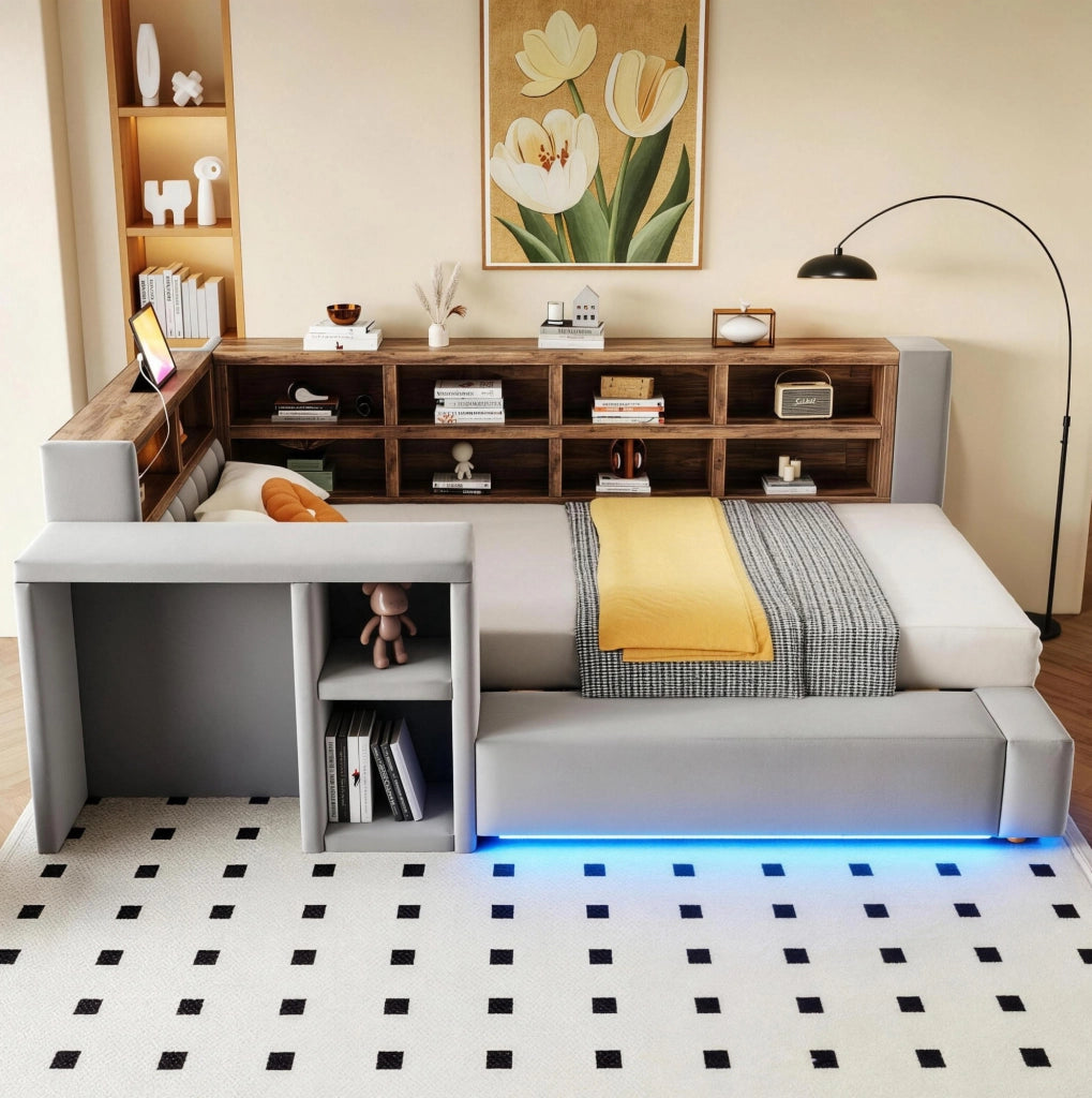Letto imbottito 90x200 cm con testiera contenitore; LED; prese e comodino; grigio scuro