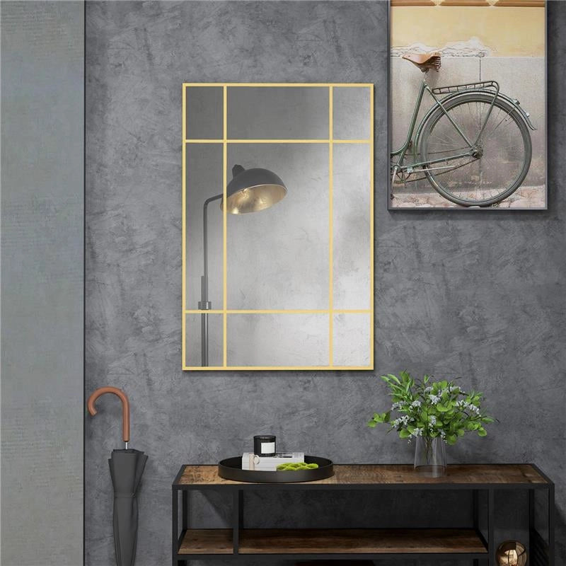SPECCHIO DA PARETE STILE FINESTRA CON MONTAGGIO VERTICALE E ORIZZONTALE, 90X60 CM, ORO