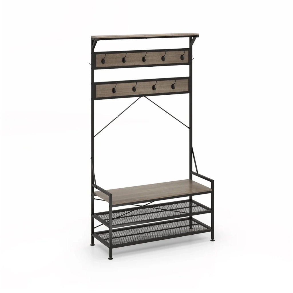 Appendiabiti 4 in 1 con panca porta scarpe 102 x 40 x 184 cm ampia capacità design elegante in metallo grigio 20_0017552