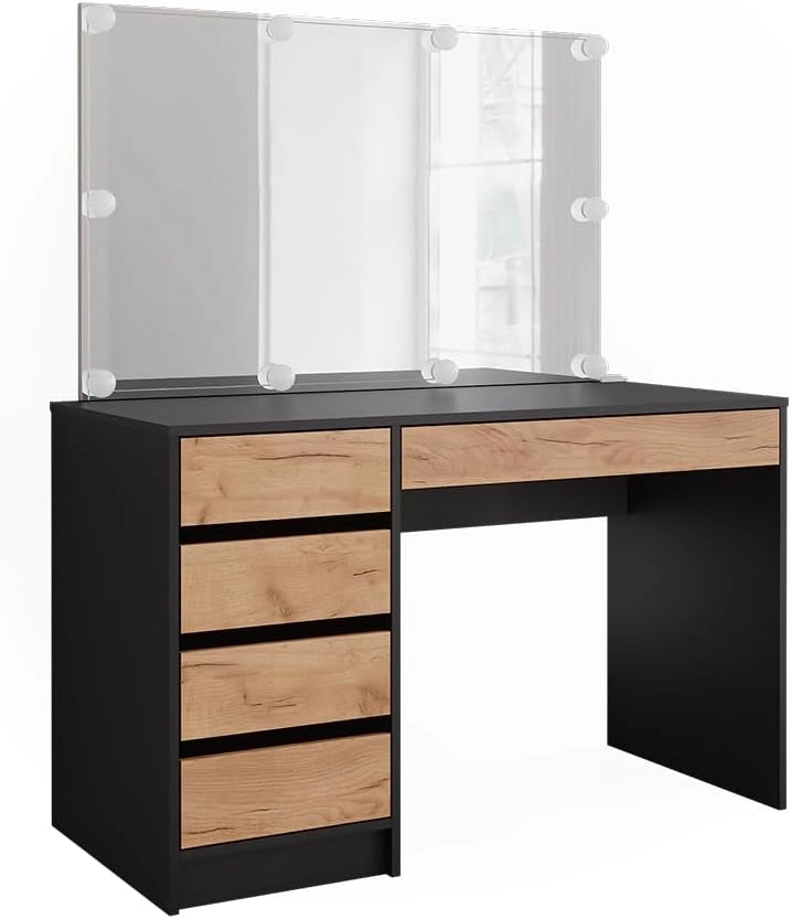 Tavolo da toilette Sherry, Antracite/quercia dorata, 120 x 75 cm con specchio e illuminazione a LED, con illuminazione LED e grande specchio rettangolare