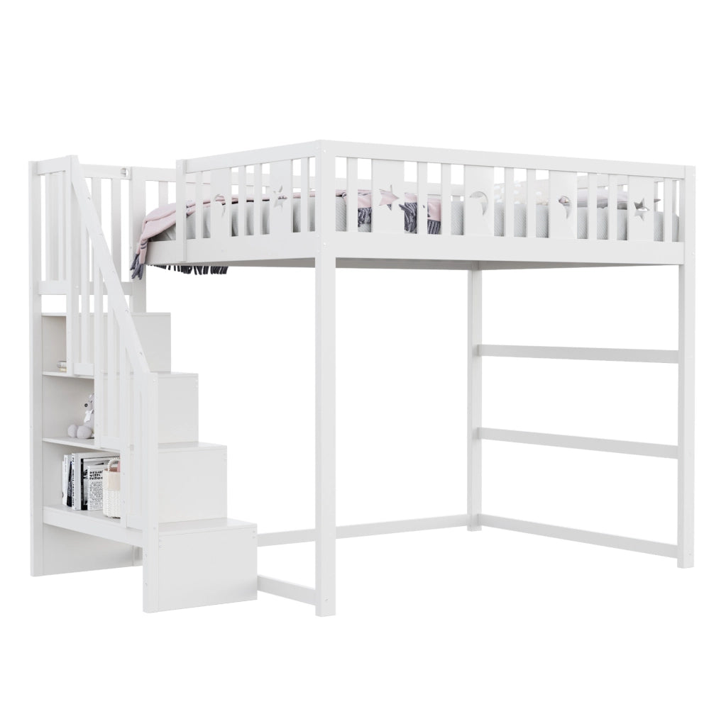 Hochbett per bambini 140x200 cm con scala e librerie; in legno; bianco