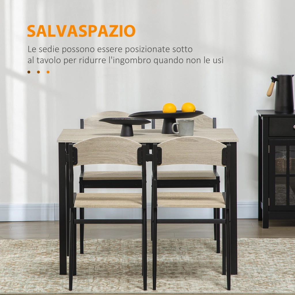 Set da Pranzo con Tavolo Rettangolare e 4 Sedie in Acciaio e MDF, Nero e Rovere
