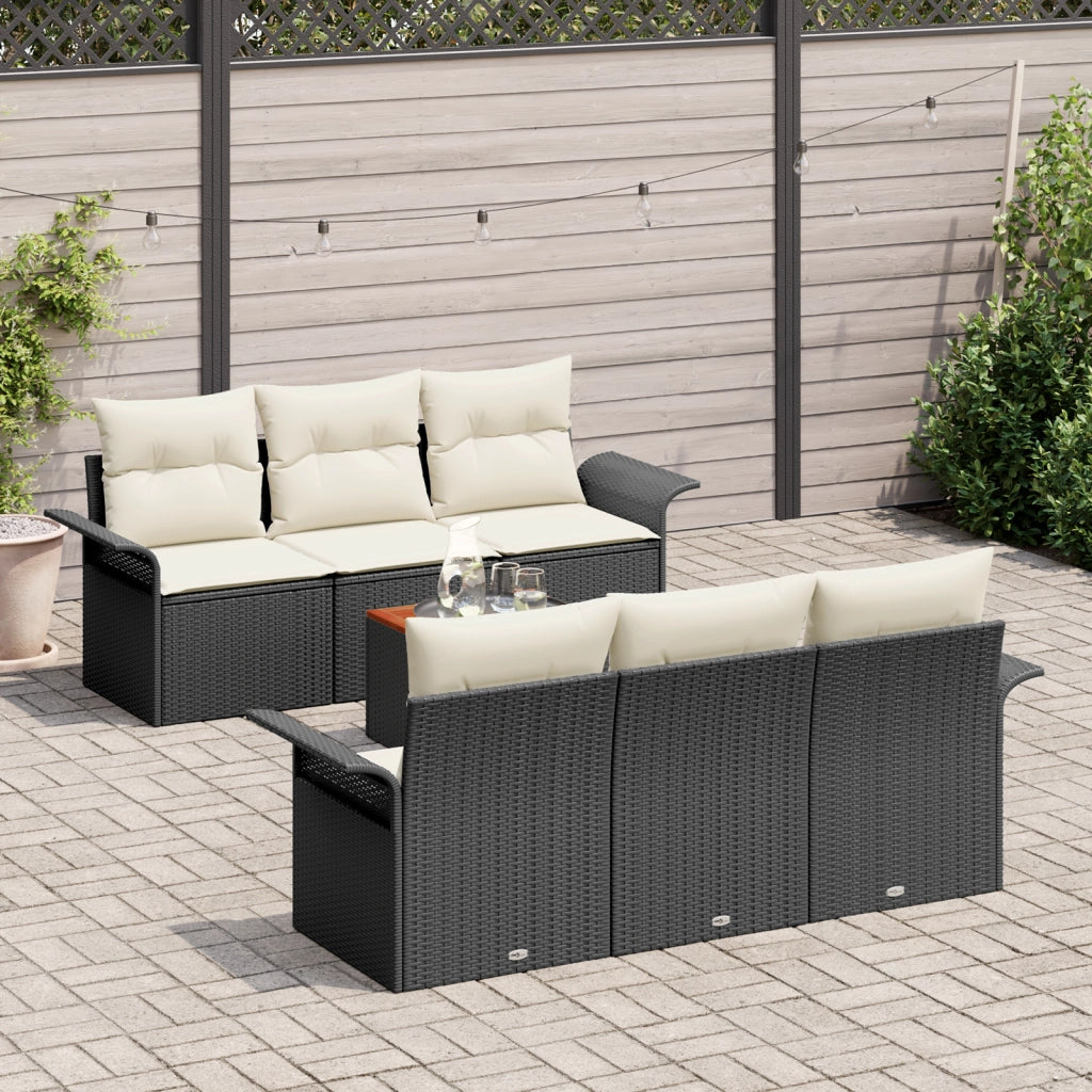 Set Divano Giardino 7 Pezzi con Cuscini Nero Polyrattan Acacia