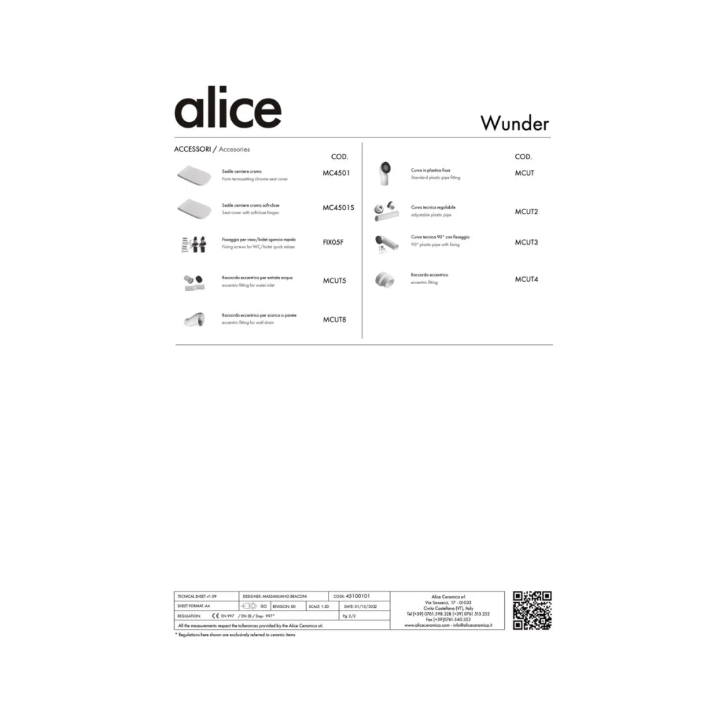 Coppia Di Sanitari Alice Ceramica Da Terra Filo Muro Senza Brida Bianco Lucido "Wunder"