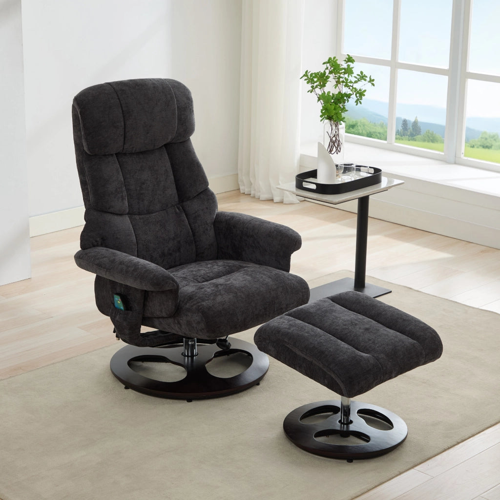 Poltrona Relax Reclinabile Massaggiante con Poggiapiedi ¨C MINIMAL ¨C Girevole 360¡ã, Tessuto Chenille Scuro