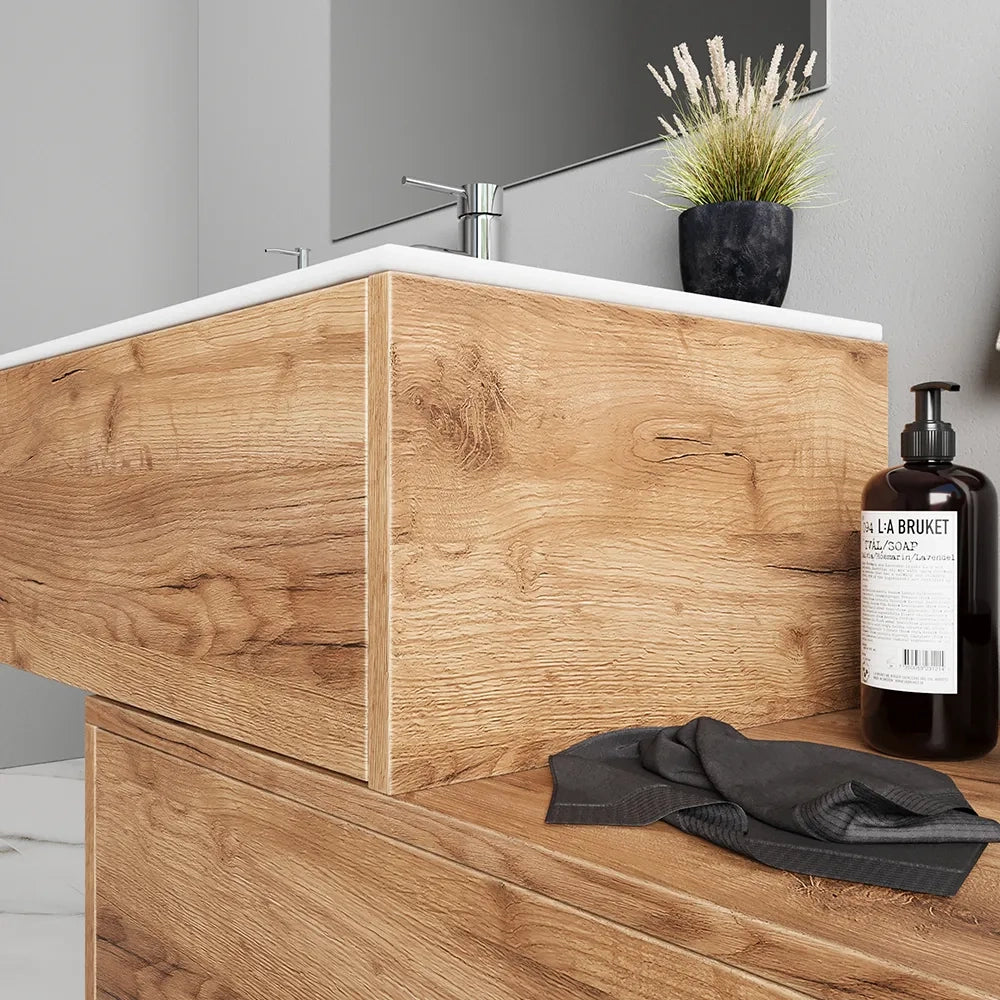 Mobile bagno sospeso modulare 70cm due cassetti apertura push&pull rovere gransasso con lavabo | Galdor