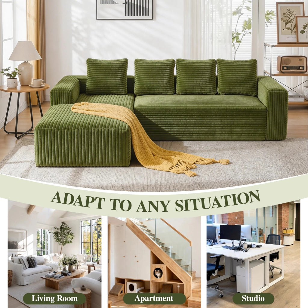 Divano angolare modulare reversibile con chaise longue e seduta profonda in velluto a coste verde 261 × 168 × 58 cm