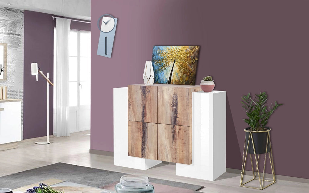 Credenza con 6 Ante 130x45x100 cm Pillon High 2A 4A Bianco Lucido/Acero Pereira