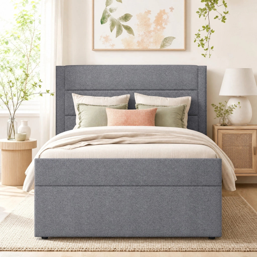Letto singolo imbottito 90x200 cm con contenitore; in lino e MDF; grigio