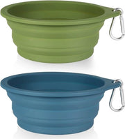 Due contenitori per animali, contenitore di viaggio pieghevole senza bordo in plastica, tazza per cani e gatti in silicone trasportabile, 600 ml, blu marino e verde scuro