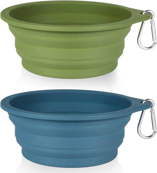 Due contenitori per animali, contenitore di viaggio pieghevole senza bordo in plastica, tazza per cani e gatti in silicone trasportabile, 600 ml, blu marino e verde scuro