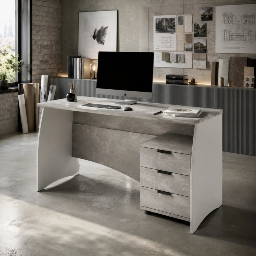 Scrittoio  Con 3 Cassetti Scrivania Da Studio O Ufficio Mobile Desk Per Soggiorno E Sala Da Pranzo 136 X 74 X 67 Cm Bianco E Grigio Cemento