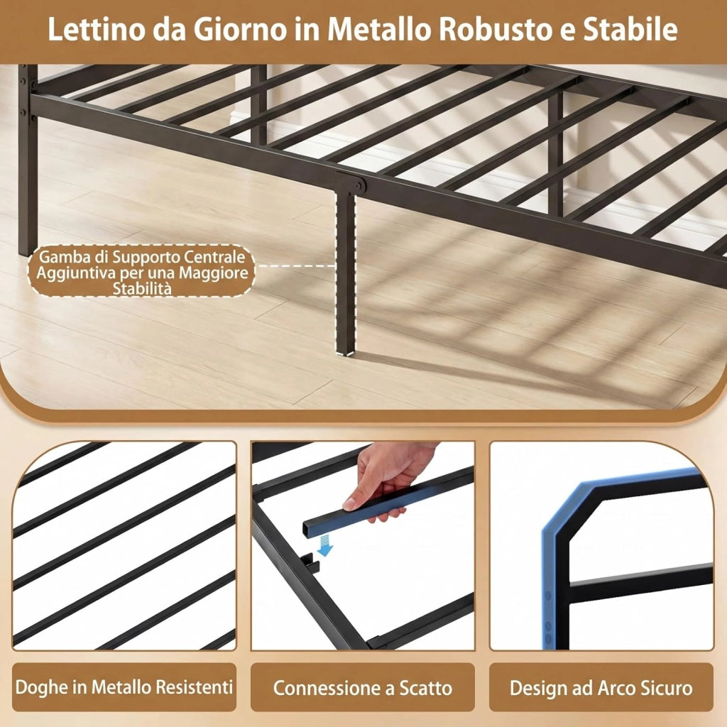 Letto Estraibile, Divano Letto Singolo con Luci LED e Stazione di Ricarica, Lettino Matrimoniale con Struttura in Metallo, 2 Pz 90x200 cm, per Soggiorno e Camera da Letto (Nero)