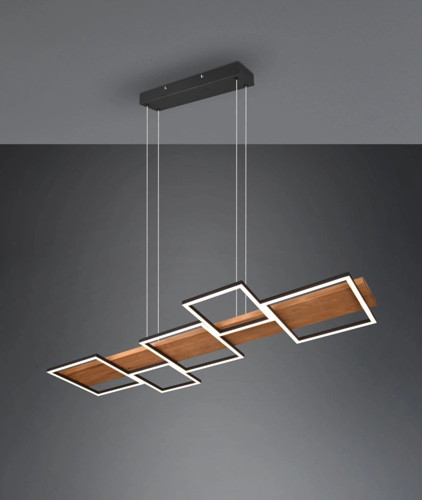 HARPER SOSPENSIONE LED  42W 5700lm, 3000K LEGNO NATURALE E METALLO NERO 5 QUADRATI CON REGOLAZIONE INTENSITA' CON NORMALE INTERRUTTORE A PARETE L. 115CM