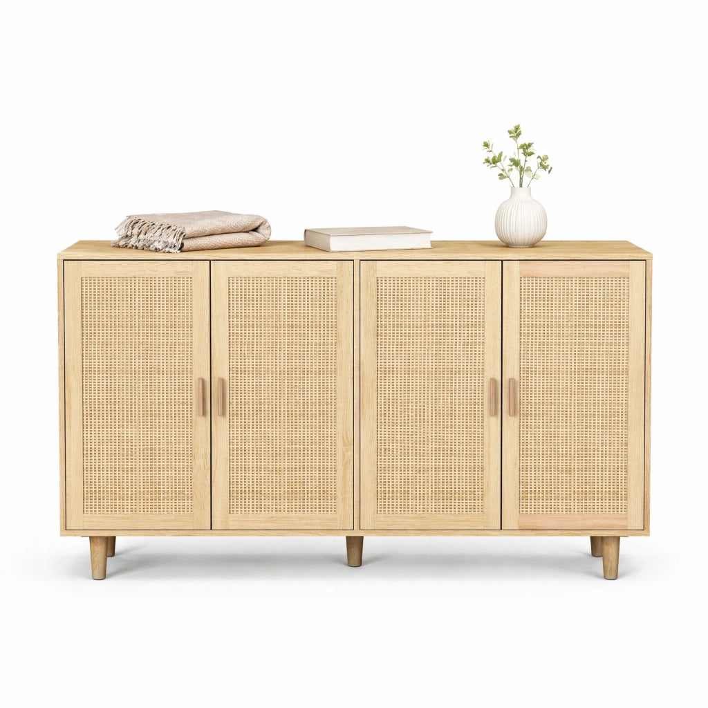 Armadio contenitore a 4 ante in rattan naturale 158 x 40 x 88 cm con ripiano regolabile