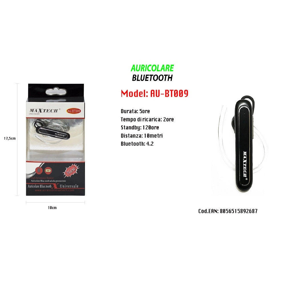Trade Shop - Maxtech Au-bt009 Auricolare Bluetooth 4.2 Universale Cuffia Per Smartphone Alta Prestazione -