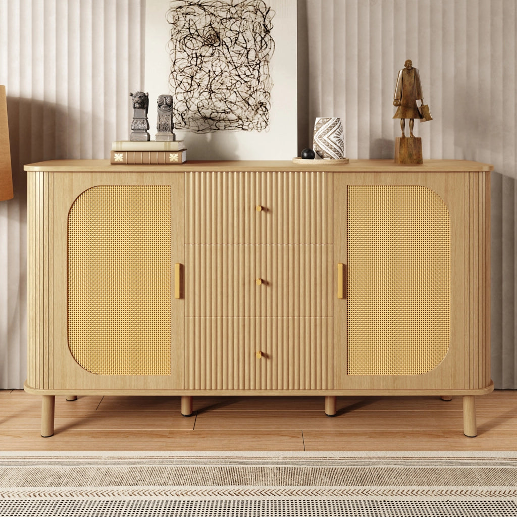 Credenza moderna 140 cm con ante in rattan e cassetti