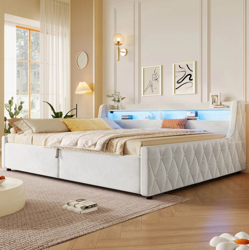 Letto imbottito 140x200 cm in flanella beige; con contenitore e testiera LED