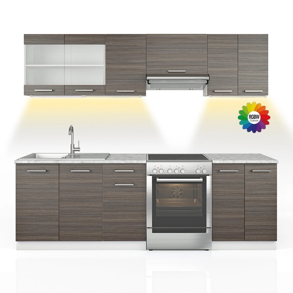 Mobile da cucina Raul Grigio nobile/Bianco 240 cm, PL Marmo con striscia LED Vicco