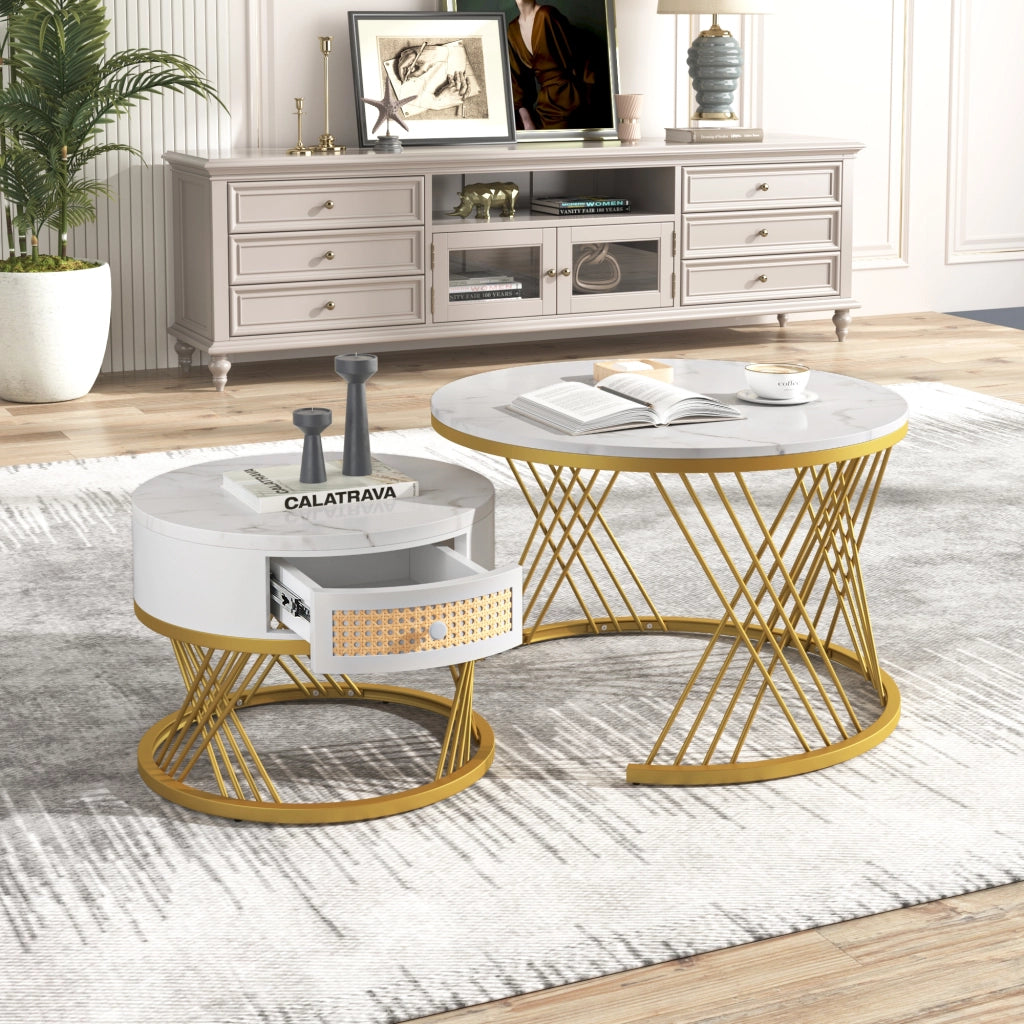 OKWISH Tavolini da Salotto Impilabili Rotondi con 1 Cassetto, Piano Effetto Marmo e Frontale Effetto Rattan, MDF e Metallo, Bianco Oro