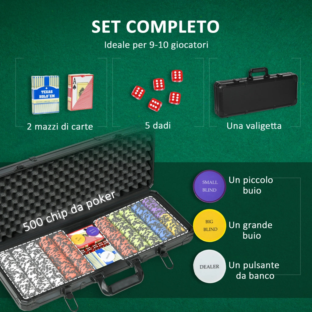 Set da Poker con 500 Fiches, Carte, Dadi e Valigetta ¨C Minimal ¨C Nero