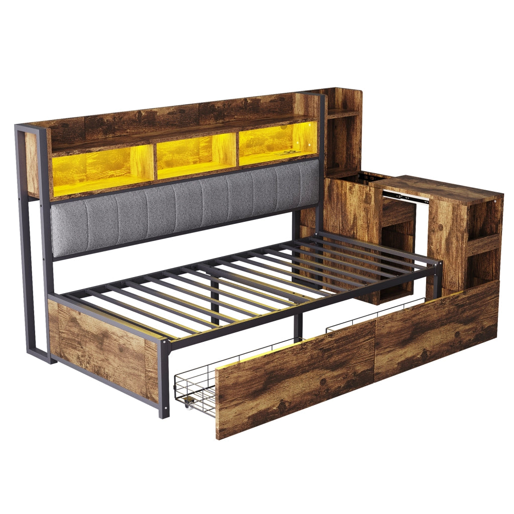 Letto singolo multifunzionale 90x200 cm con scrivania estraibile, cassetti, vani contenitore, prese integrate e LED