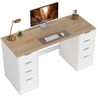 Scrivania con 8 cassetti, salvaspazio e stabile, 140 c, Bianco e Legno naturale