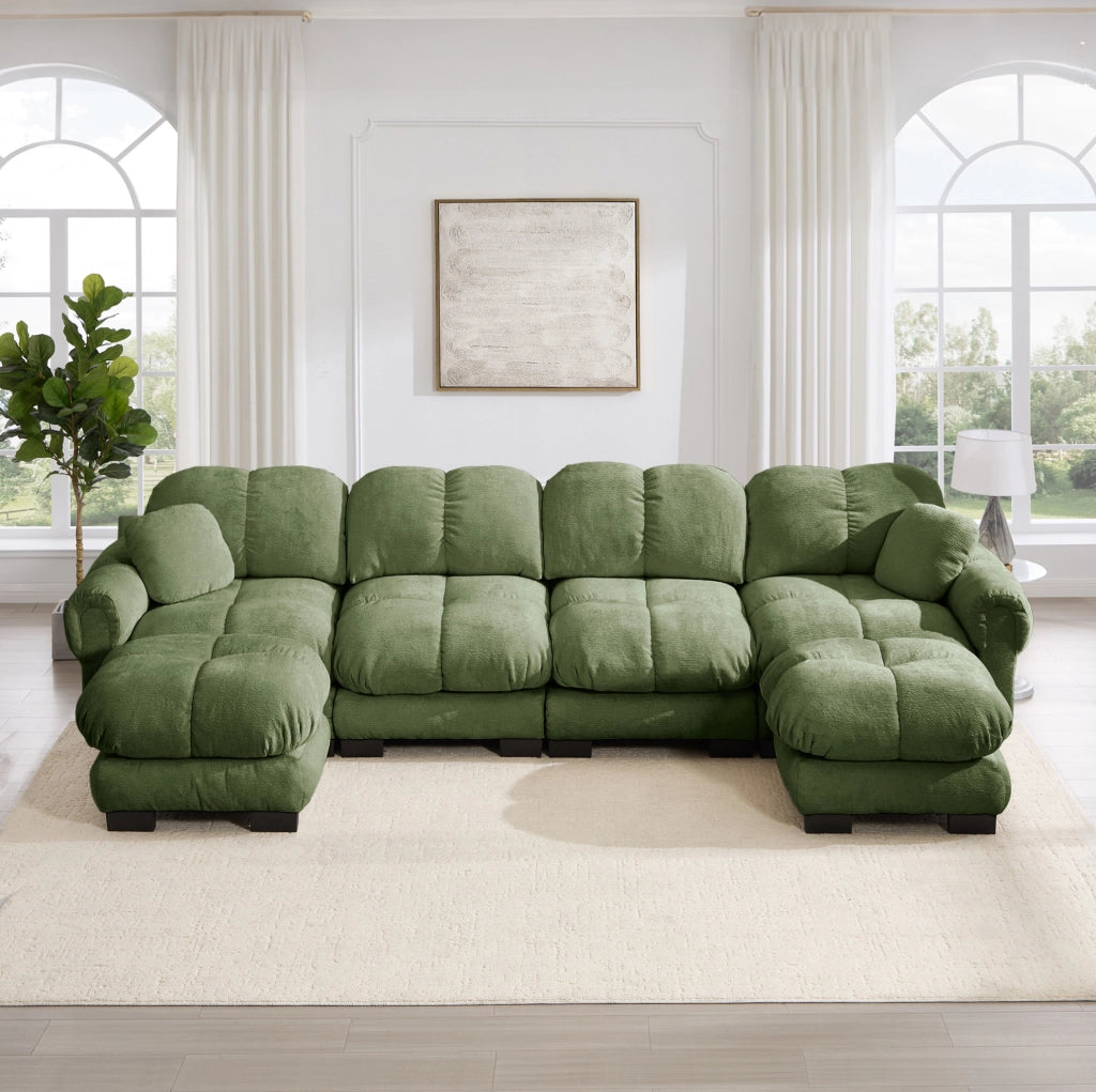 Divano modulare a U in ciniglia con pouf mobili; verde
