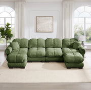 Divano modulare a U in ciniglia con pouf mobili; verde