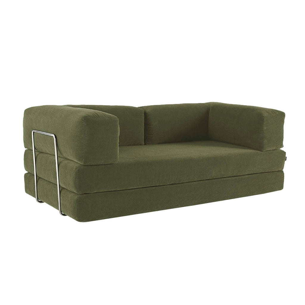 Divano letto futon in velluto a coste e struttura cromata, verde kaki