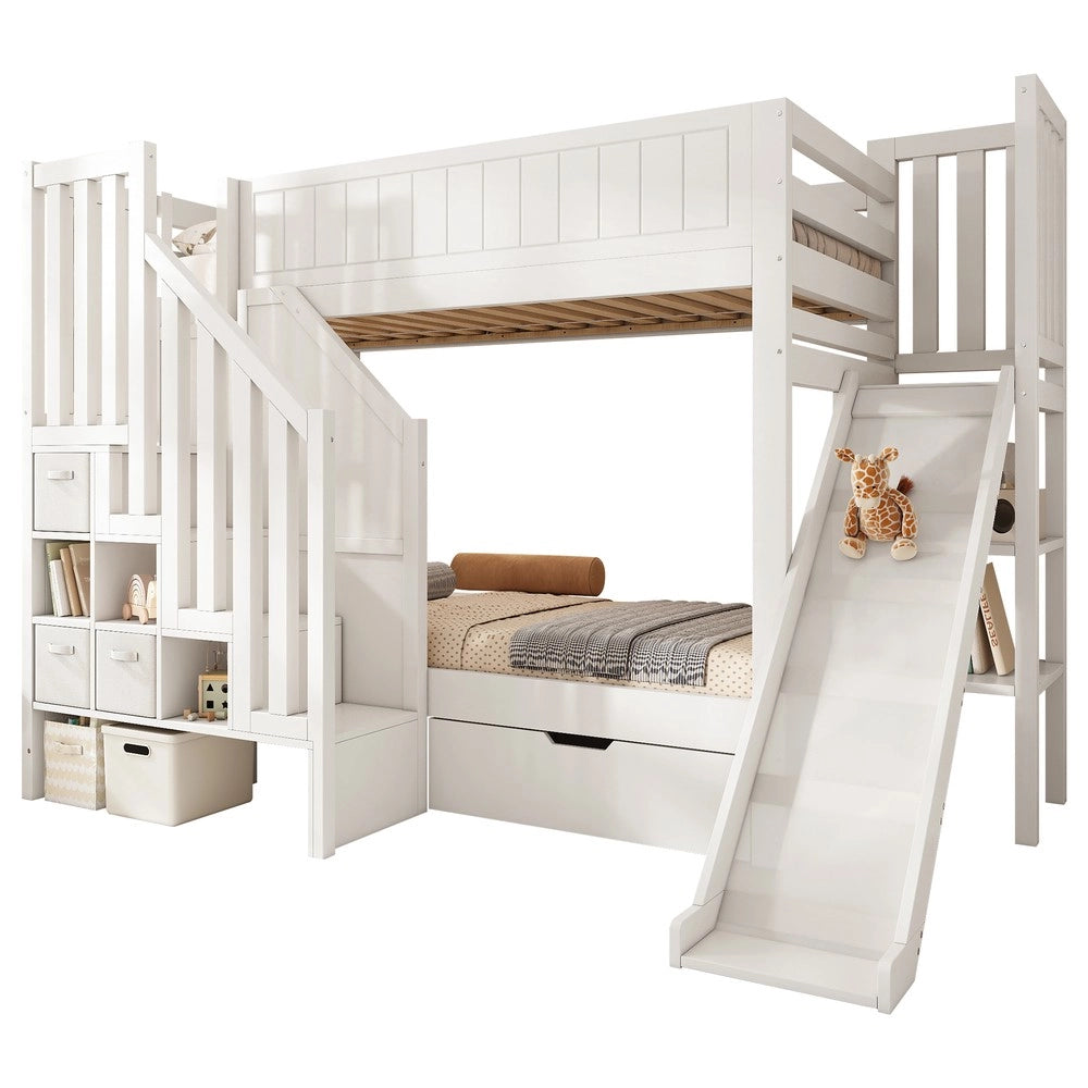 Letto a Castello per Bambini con Scivolo, Cassetti e Scala ¨C Xylo ¨C Bianco 90x200