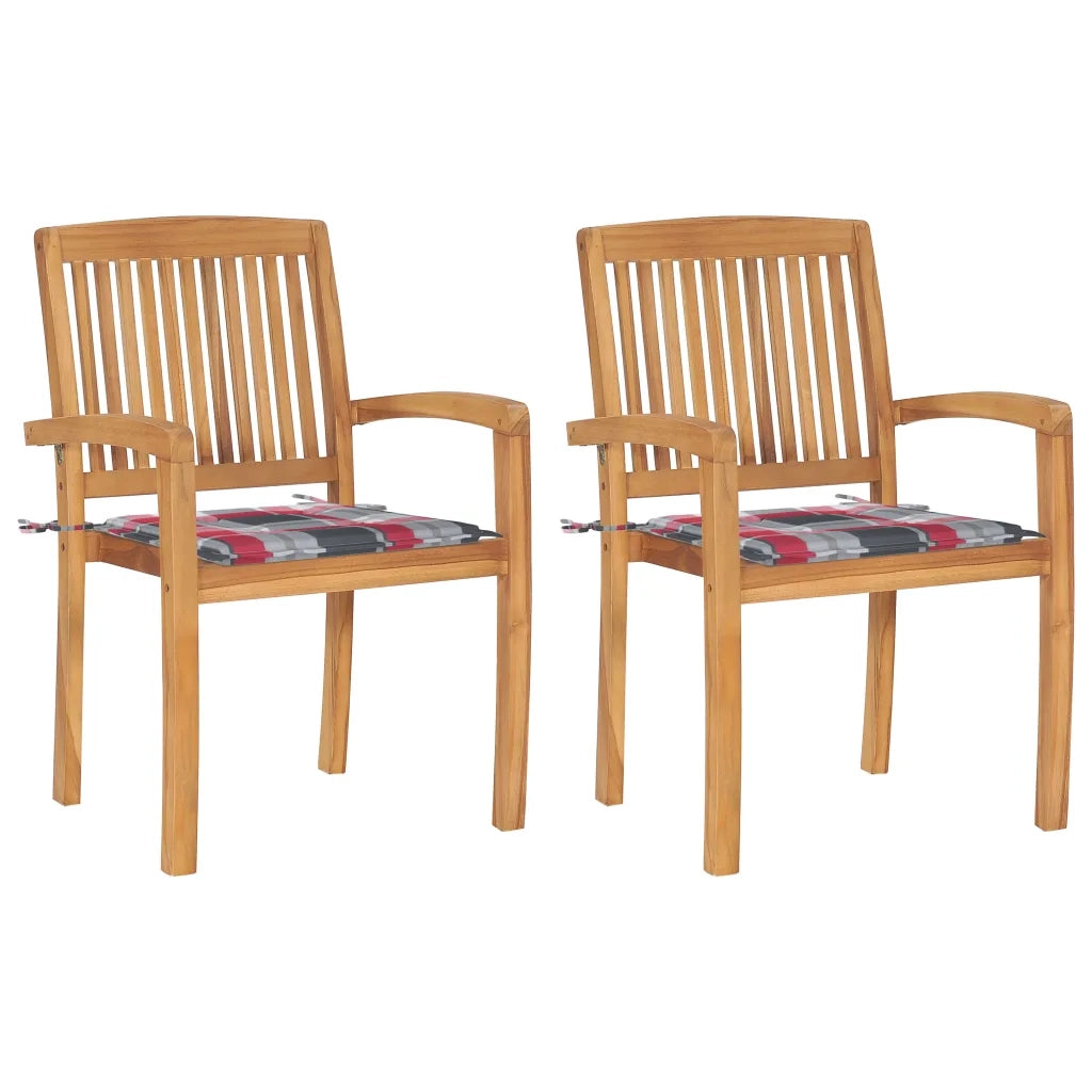 Sedie Giardino 2 pz con Cuscino Rosso a Quadri Massello di Teak