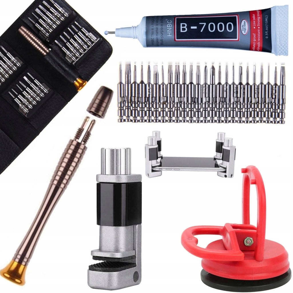 Set di Riparazione LCD Rosfix – Mini Morsa da Banco, Cacciaviti 25w1, Colla B7000, Ventosa 55mm
