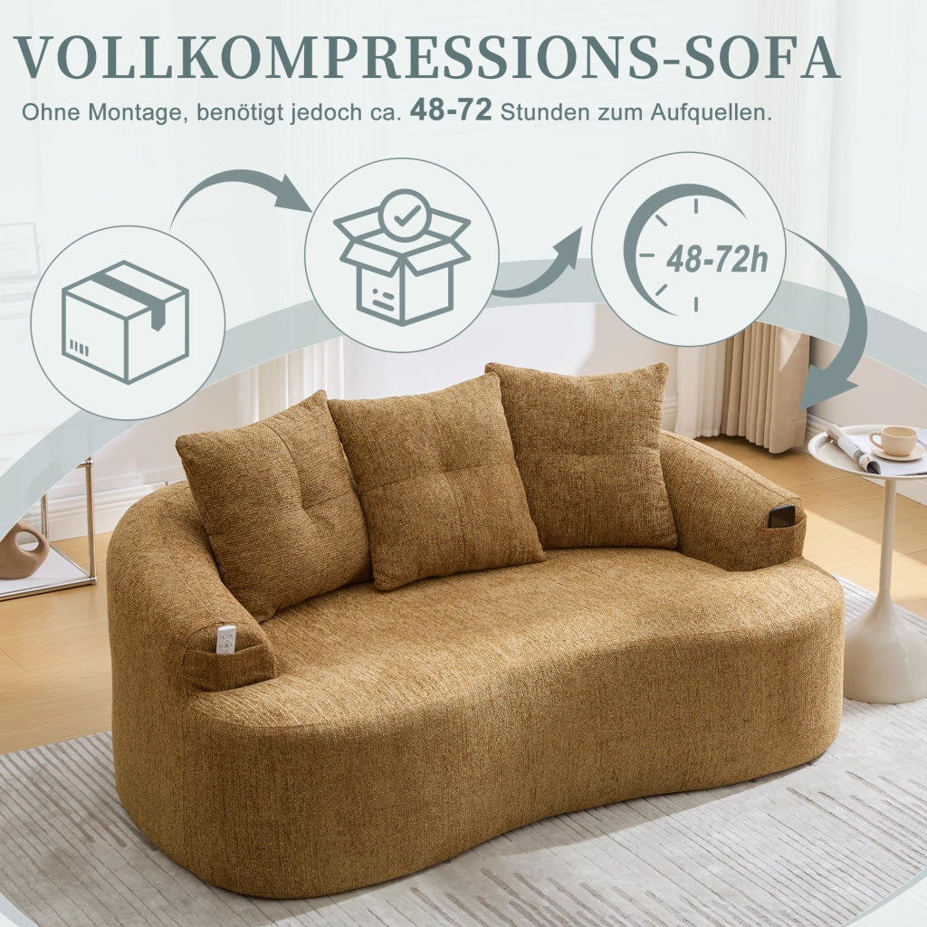 Divano a 2 posti in ciniglia con cuscini extra spessi e seduta profonda, senza montaggio, senape 164 × 92 × 60 cm