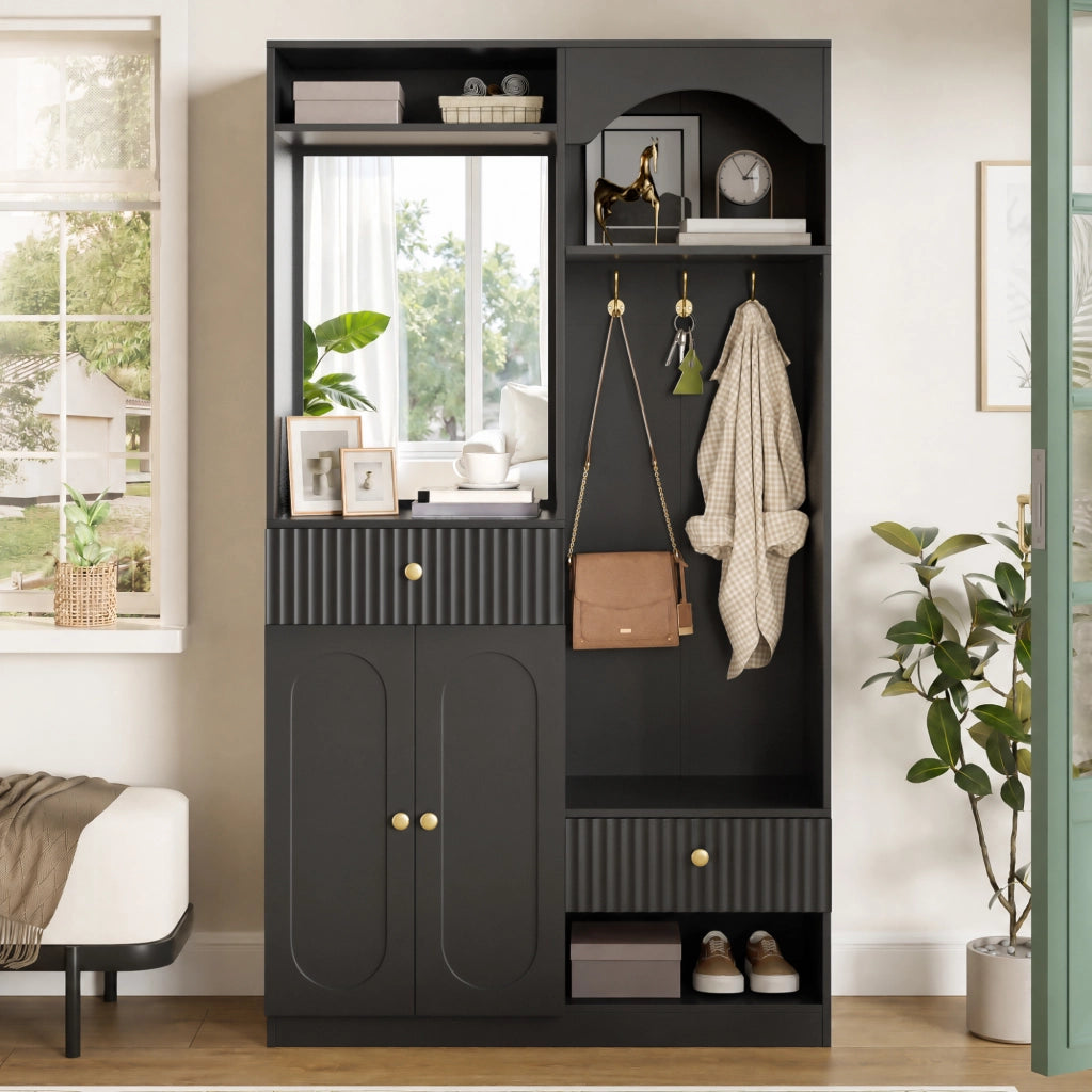 Mobile da ingresso con specchio; cassetti; scarpiera; ganci e panca; MDF con LED multicolor a app; nero