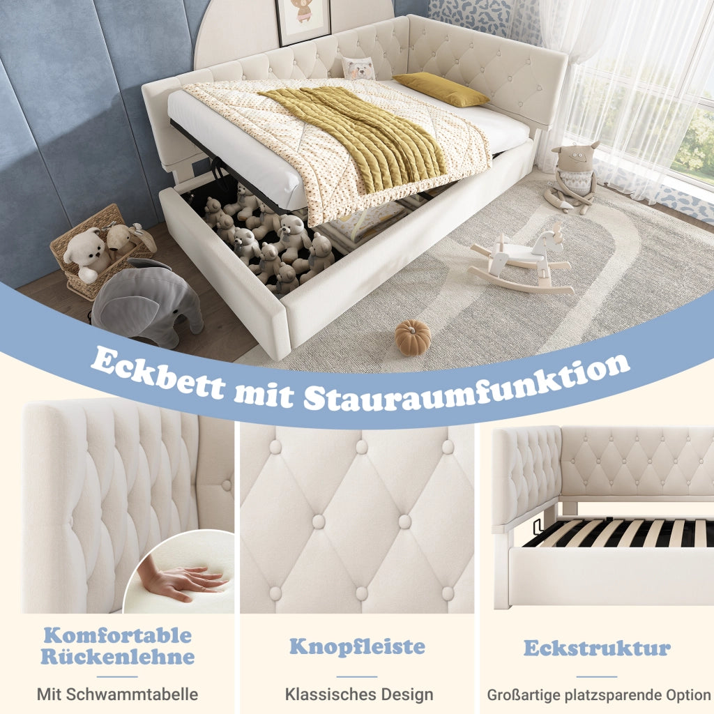 Daybed singolo – 90x190 cm – contenitore idraulico rete legno – velluto beige