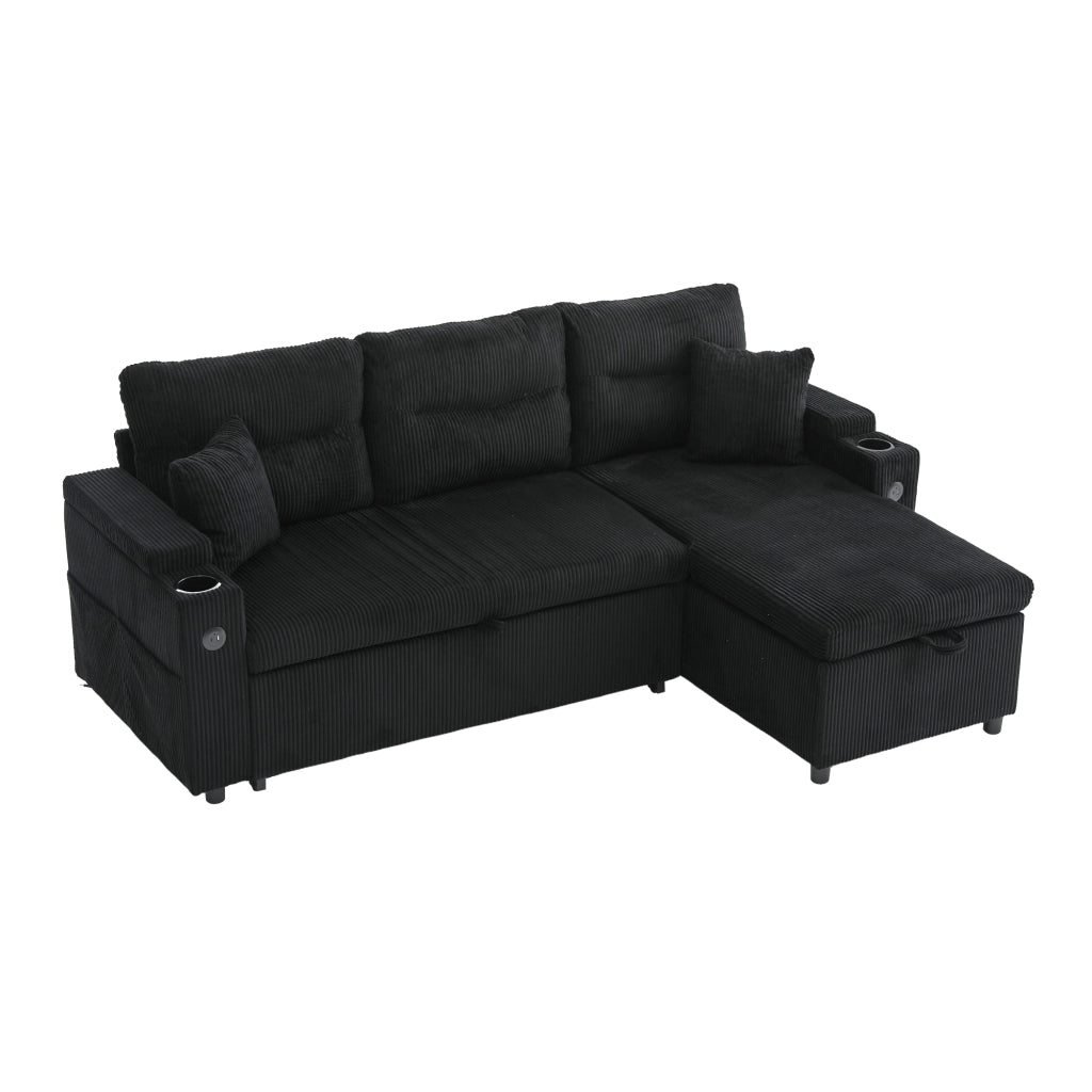 Divano angolare convertibile con chaise longue idraulica, letto estraibile, USB-C e vano contenitore in corda nero