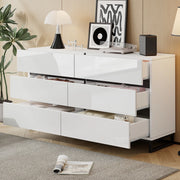 Credenza ULEVR 140x39,5x78,5 cm con 6 cassetti e gambe in metallo, bianco e nero