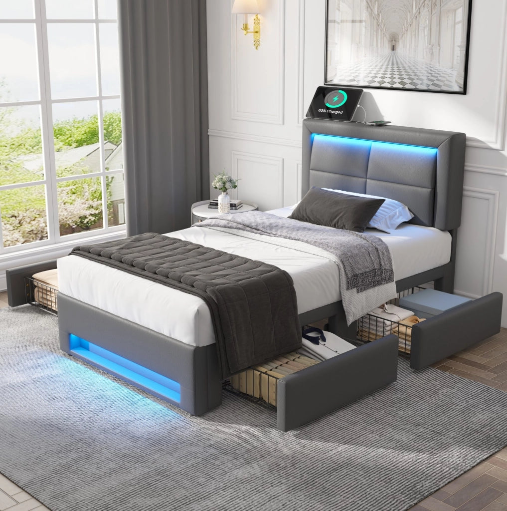 Letto imbottito 90x190 cm con USB; LED e 4 cassetti; PU grigio