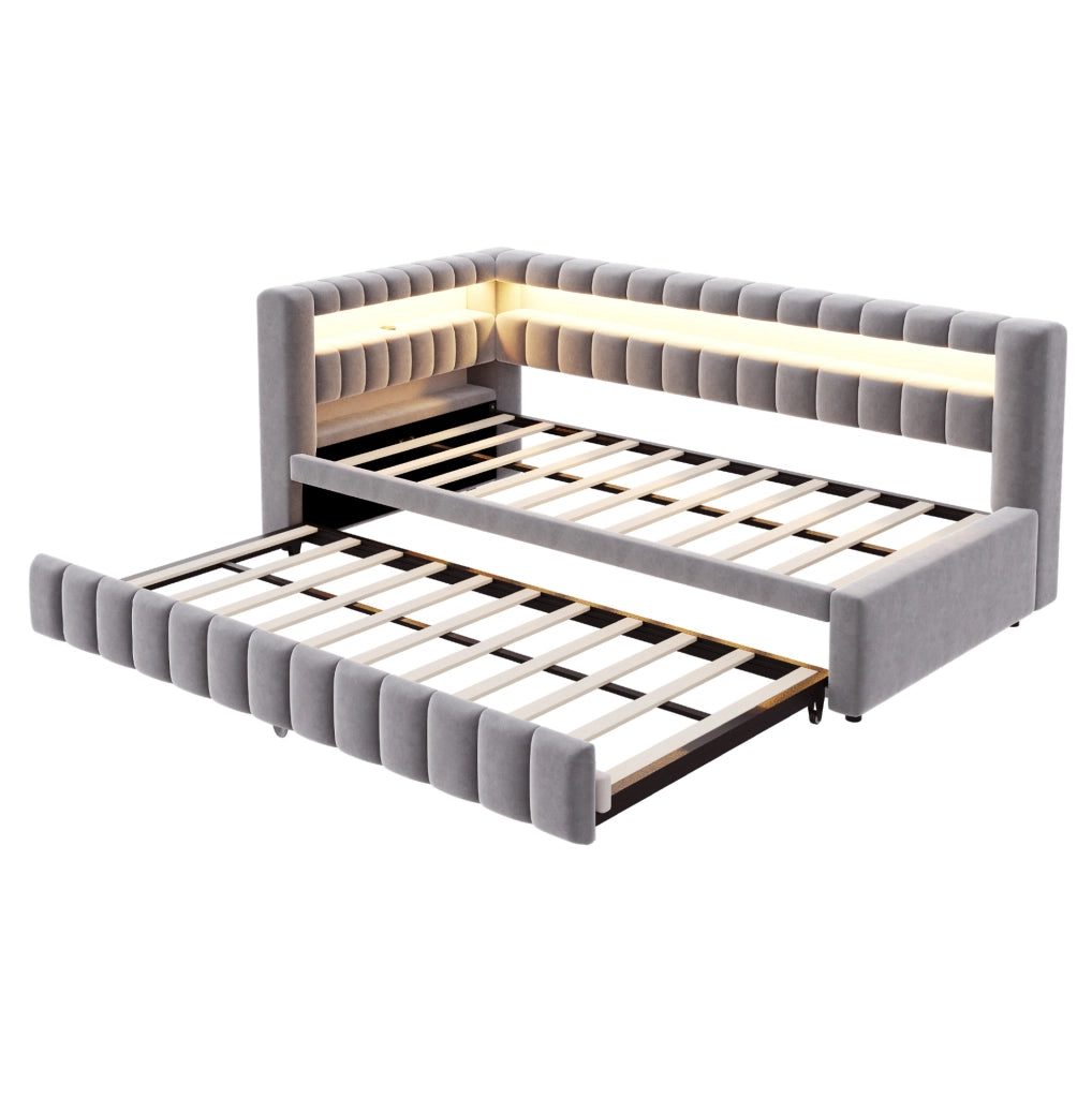 Divano letto estraibile 90x200 cm con LED, USB e vano portaoggetti