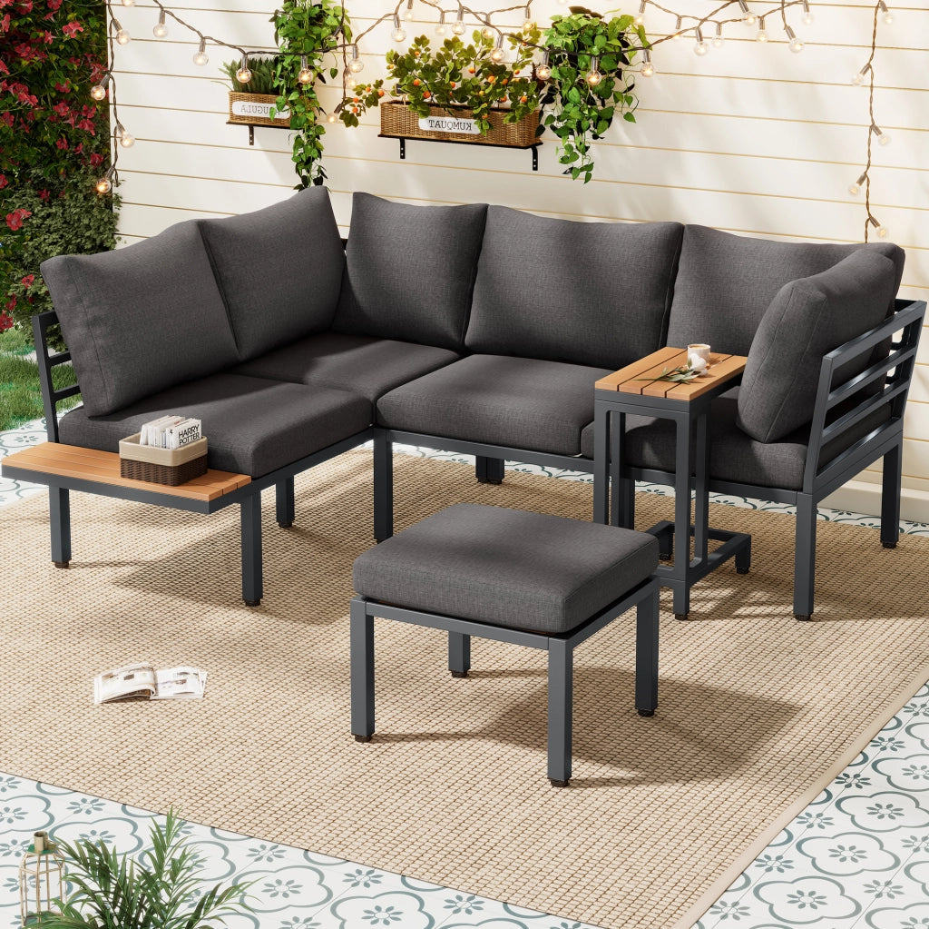 Set mobili da giardino con divano angolare; tavolino laterale e tavolino trasformabile in pouf; grigio e nero