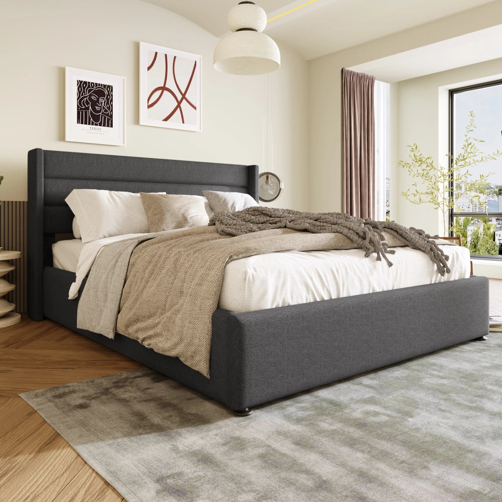 Letti contenitori 140x200 cm; apertura idraulica; lino; grigio (Senza materasso)