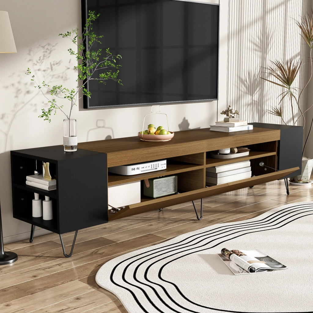 Mobile TV con 2 Ante e 4 Vani Aperti; Passacavi; Piedini in Ferro; Stile Moderno; in MDF e PB; Nero e Legno; 180??36??43 cm